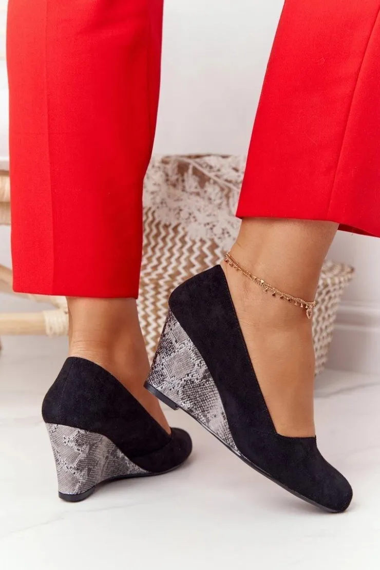 Buty Sergio Leone Czółenka Zamszowe|Czółenka Klasyczne*Czółenka Na Koturnie Sergio Leone PB767 Wężowe Czarne