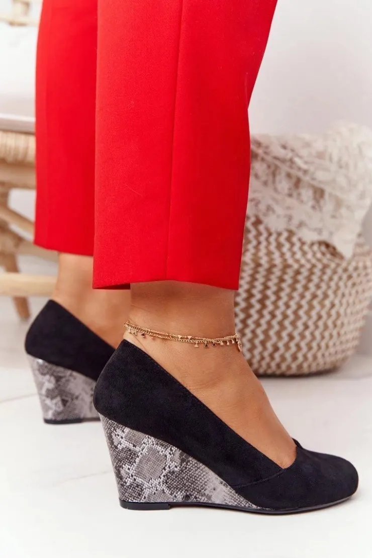 Buty Sergio Leone Czółenka Zamszowe|Czółenka Klasyczne*Czółenka Na Koturnie Sergio Leone PB767 Wężowe Czarne