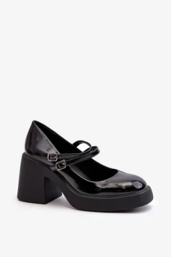 Damskie Boto Czółenka Na Masywnym Obcasie Lakierowane Czarne Halmina