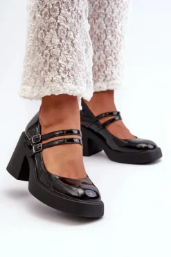 Damskie Boto Czółenka Na Masywnym Obcasie Lakierowane Czarne Halmina