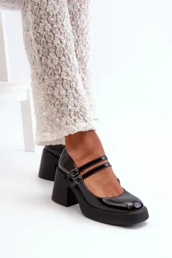 Damskie Boto Czółenka Na Masywnym Obcasie Lakierowane Czarne Halmina