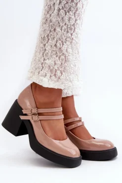 Outlet Boto Czółenka Na Masywnym Obcasie Lakierowane Ciemnobeżowe Halmina