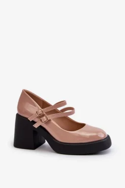 Outlet Boto Czółenka Na Masywnym Obcasie Lakierowane Ciemnobeżowe Halmina