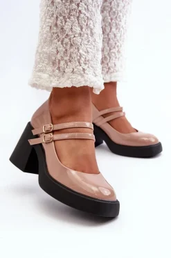 Outlet Boto Czółenka Na Masywnym Obcasie Lakierowane Ciemnobeżowe Halmina