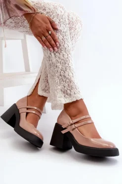 Outlet Boto Czółenka Na Masywnym Obcasie Lakierowane Ciemnobeżowe Halmina