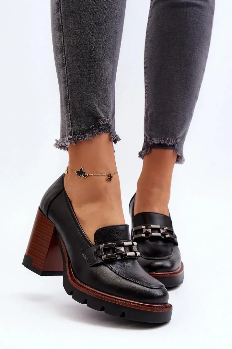 Discount Buty damskie Vinceza Czółenka Na Masywnym Słupku Z Ozdobą Czarne Oradna