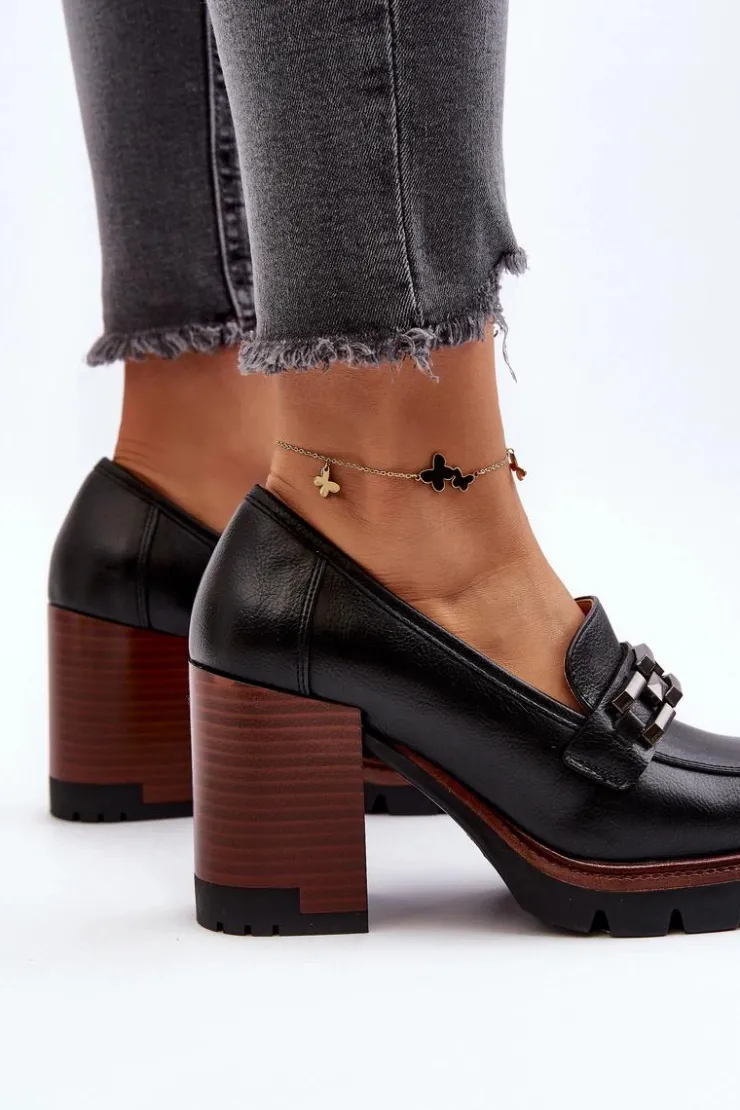 Discount Buty damskie Vinceza Czółenka Na Masywnym Słupku Z Ozdobą Czarne Oradna