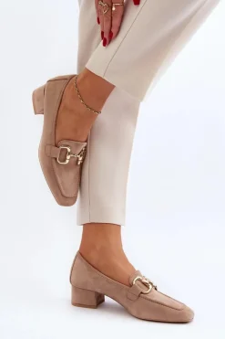 Damskie Boto Czółenka Na Niskim Obcasie Klocku Z Ozdobą Beżowe Dolvira