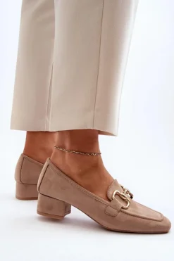 Damskie Boto Czółenka Na Niskim Obcasie Klocku Z Ozdobą Beżowe Dolvira