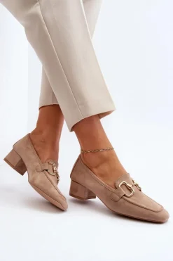 Damskie Boto Czółenka Na Niskim Obcasie Klocku Z Ozdobą Beżowe Dolvira