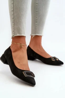 Damskie buty S.Barski Czółenka Klasyczne*Czółenka Na Niskim Obcasie Z Ozdobą Eko Zamszowe S.Barski KV27-034 Czarne Czarny