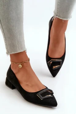 Damskie buty S.Barski Czółenka Klasyczne*Czółenka Na Niskim Obcasie Z Ozdobą Eko Zamszowe S.Barski KV27-034 Czarne Czarny
