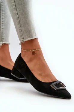 Damskie buty S.Barski Czółenka Klasyczne*Czółenka Na Niskim Obcasie Z Ozdobą Eko Zamszowe S.Barski KV27-034 Czarne Czarny