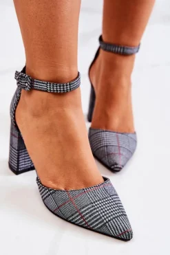 Outlet Boto Czółenka Na Słupku Kratka Czarno-Białe Harye