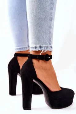 Damskie Boto Czółenka Na Słupku Platformie Zamszowe Czarne Netel