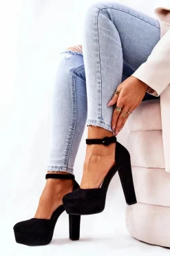 Damskie Boto Czółenka Na Słupku Platformie Zamszowe Czarne Netel