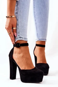 Damskie Boto Czółenka Na Słupku Platformie Zamszowe Czarne Netel