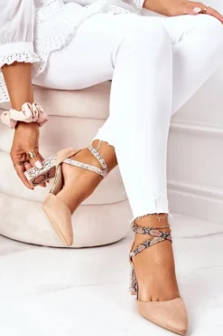 Damskie Damskie buty S.Barski Czółenka Na Słupku S.Barski Wężowe Beżowe