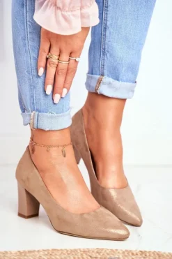 Buty Sergio Leone Czółenka Na Słupku*Czółenka Na Słupku Sergio Leone PB403 Połyskujące Beżowe