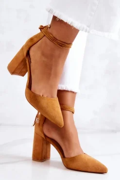 Boto Czółenka Zamszowe|Czółenka Na Słupku*Czółenka Na Słupku Wiązane Camel Lettice