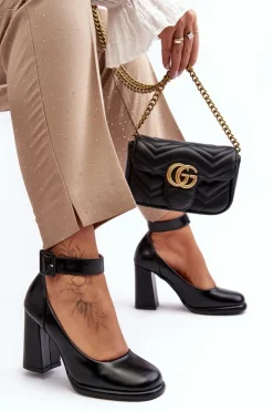 Damskie Boto Czółenka Na Słupku Z Klamrą Czarne Idovana