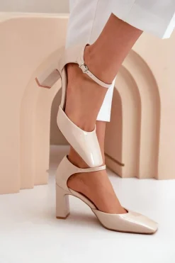 Damskie Boto Czółenka Na Słupku Z Lakierowanej Eko Skóry Beżowe Emindria