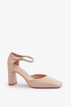 Damskie Boto Czółenka Na Słupku Z Lakierowanej Eko Skóry Beżowe Emindria