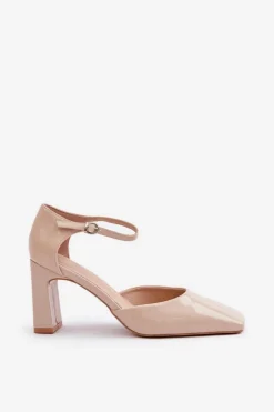 Damskie Boto Czółenka Na Słupku Z Lakierowanej Eko Skóry Beżowe Emindria