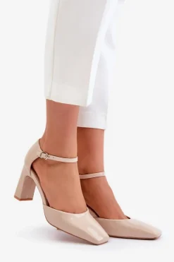 Damskie Boto Czółenka Na Słupku Z Lakierowanej Eko Skóry Beżowe Emindria