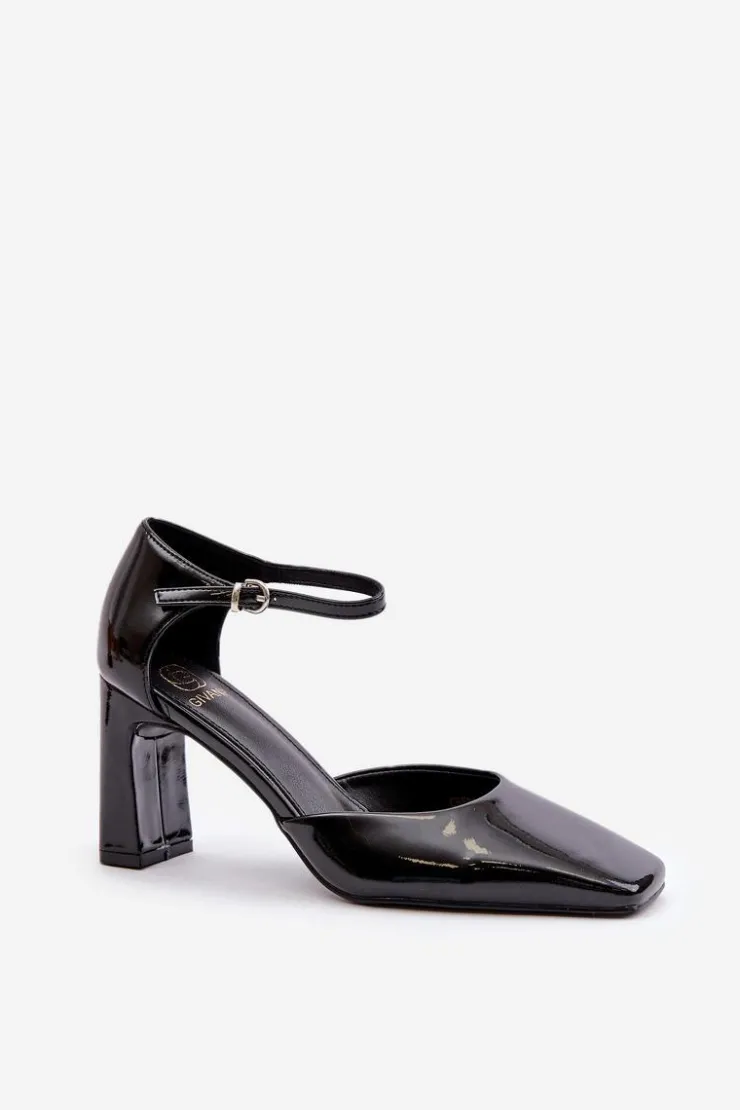 Outlet Boto Czółenka Na Słupku Z Lakierowanej Eko Skóry Czarne Emindria