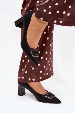 Damskie Boto Czółenka Na Słupku Z Ozdobną Klamrą Czarne Seriva