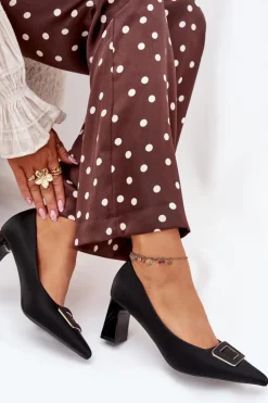 Damskie Boto Czółenka Na Słupku Z Ozdobną Klamrą Czarne Seriva