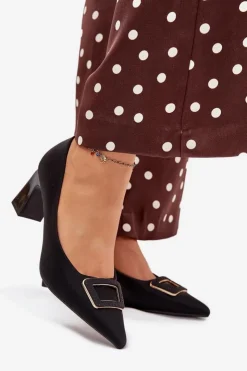 Damskie Boto Czółenka Na Słupku Z Ozdobną Klamrą Czarne Seriva