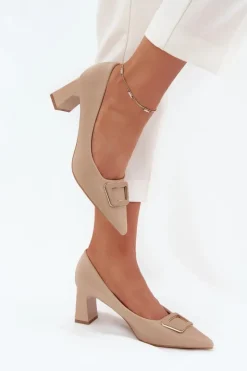 Boto Czółenka Na Słupku|Czółenka Klasyczne*Czółenka Na Słupku Z Ozdobną Klamrą Nude Seriva Beżowy