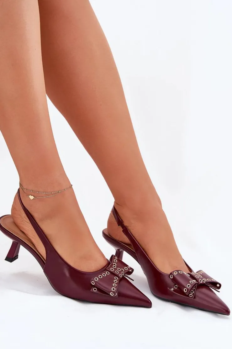 New Boto Czółenka Na Szpilce Z Kokardą Bordowe Folesca Czerwony