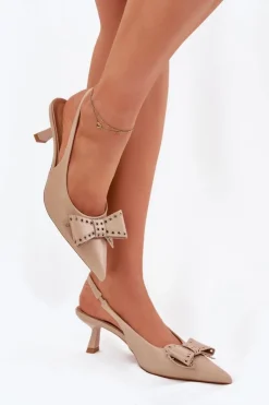 Boto Czółenka Klasyczne*Czółenka Na Szpilce Z Kokardą Beżowe Folesca Beżowy