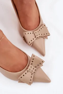 Boto Czółenka Klasyczne*Czółenka Na Szpilce Z Kokardą Beżowe Folesca Beżowy