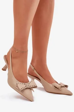 Boto Czółenka Klasyczne*Czółenka Na Szpilce Z Kokardą Beżowe Folesca Beżowy