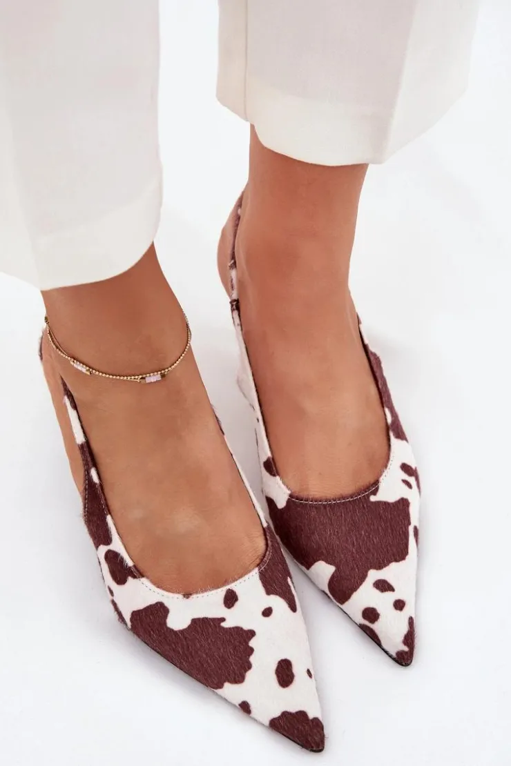 Damskie Boto Czółenka Na Szpilce Z Odkrytą Piętą W Łaty Brązowo-Białe Talira