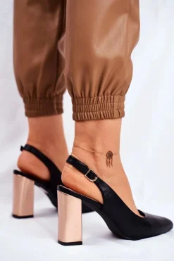 Buty Sergio Leone Czółenka Na Słupku*Czółenka Na Złotym Słupku Sergio Leone PB218 Czarne