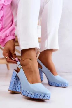 Maciejka Czółenka Klasyczne|Czółenka Na Słupku*Czółenka Skórzane 05441-06 Niebieskie