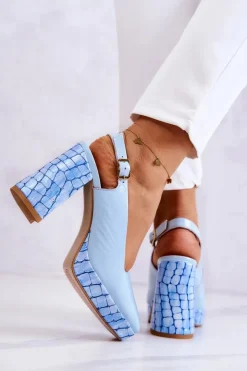 Maciejka Czółenka Klasyczne|Czółenka Na Słupku*Czółenka Skórzane 05441-06 Niebieskie