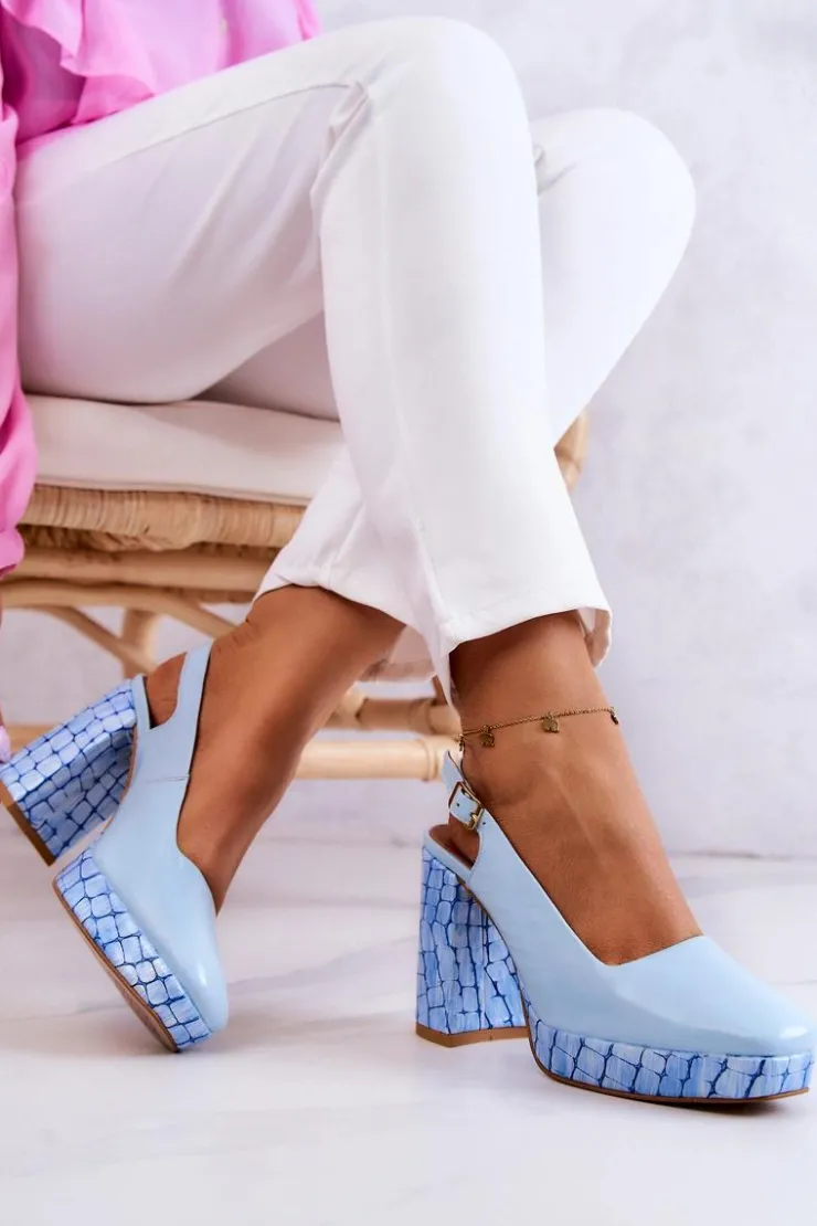 Maciejka Czółenka Klasyczne|Czółenka Na Słupku*Czółenka Skórzane 05441-06 Niebieskie