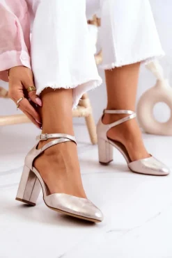 Damskie Buty Sergio Leone Czółenka Skórzane Na Słupku Sergio Leone SK851 Złote