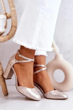 Damskie Buty Sergio Leone Czółenka Skórzane Na Słupku Sergio Leone SK851 Złote