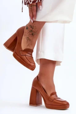 Damskie Boto Czółenka Skórzane Na Wysokim Obcasie Camel Alisa