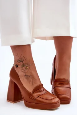 Damskie Boto Czółenka Skórzane Na Wysokim Obcasie Camel Alisa