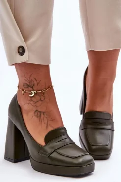 Outlet Boto Czółenka Skórzane Na Wysokim Obcasie Zielone Alisa