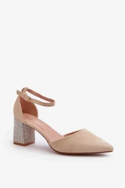 Boto Czółenka Zamszowe|Czółenka Na Słupku*Czółenka z Eko Zamszu Na Zdobionym Słupku Beżowe Anlitela