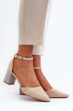 Boto Czółenka Zamszowe|Czółenka Na Słupku*Czółenka z Eko Zamszu Na Zdobionym Słupku Beżowe Anlitela